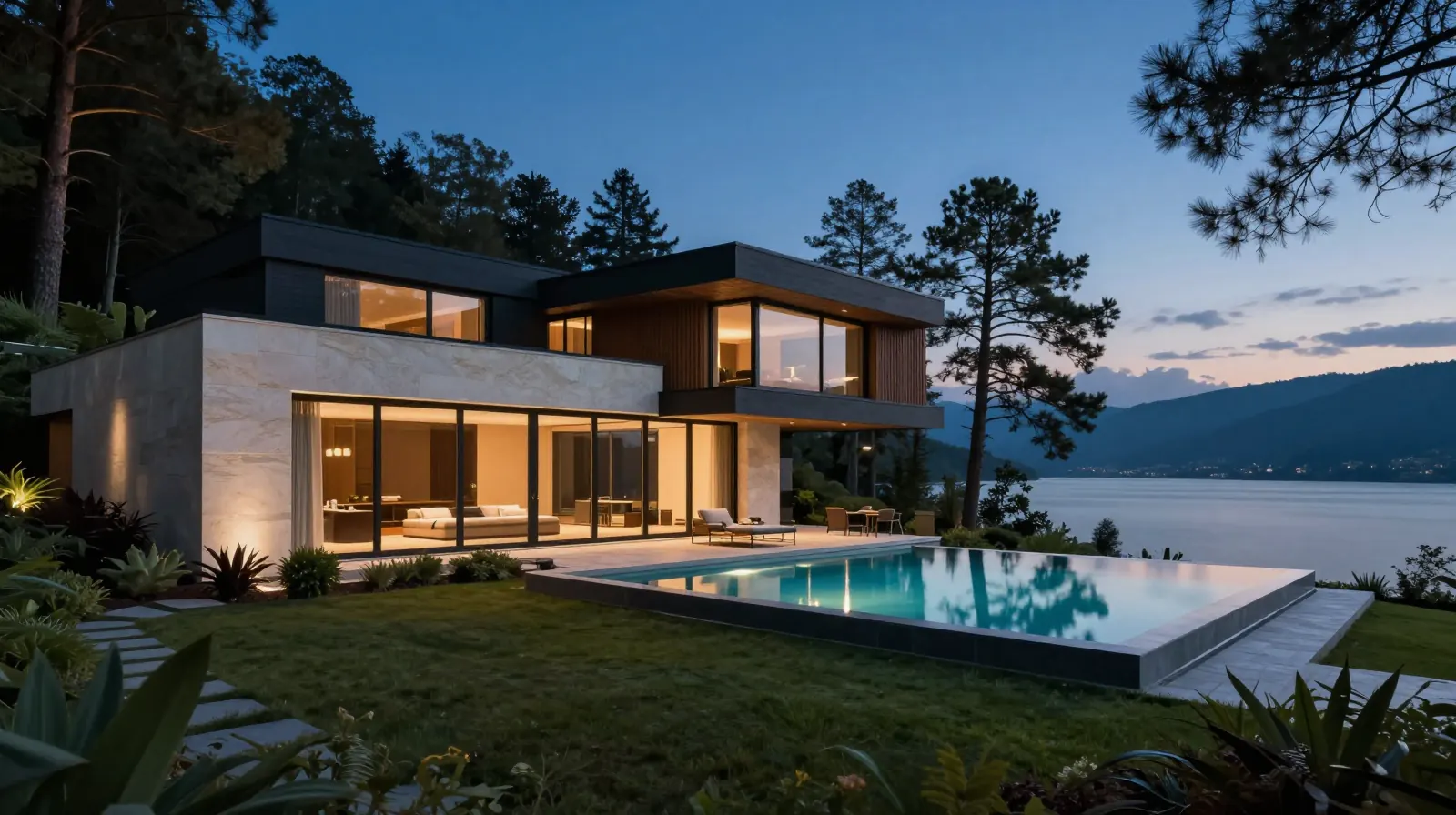 Modern limestone and cedar home above a lake at dusk with a lit infinity pool