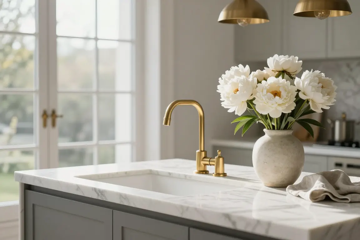 Marble kitchen island with a brass tap and white peonies